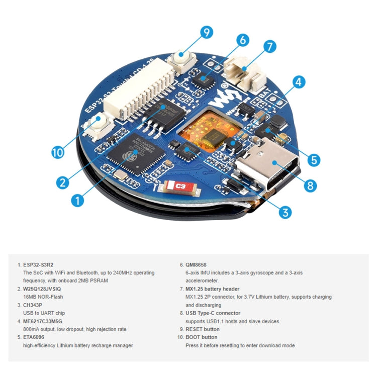 Waveshare 25098 ESP32-S3 1.28-Inch Round Touch LCD Development Board - free shipping - PMC Jewellery - Order now!