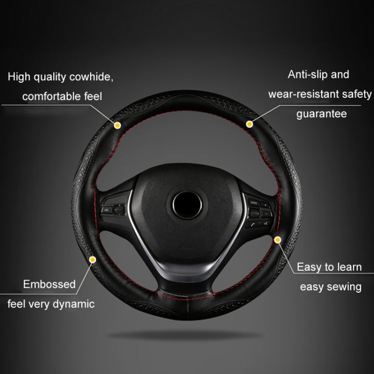 38cm Four-Season Embossed Hand-Sewn Cowhide Steering Wheel Cover(Wine Red) - Steering Wheel Accessories by PMC TechLife | Online Shopping South Africa | PMC TechLife | Buy Now Pay Later Mobicred