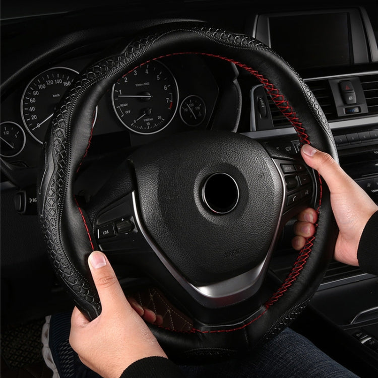 38cm Four-Season Embossed Hand-Sewn Cowhide Steering Wheel Cover(Black+Red Line) - Steering Wheel Accessories by PMC TechLife | Online Shopping South Africa | PMC TechLife | Buy Now Pay Later Mobicred