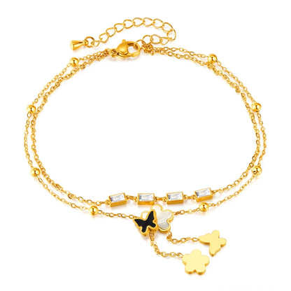 OPK GZ192 Simple Delicate Tassel Butterfly Flower Double Layers Stainless Steel Anklets(Gold) - Anklets by OPK | Online Shopping South Africa | PMC Jewellery | Buy Now Pay Later Mobicred