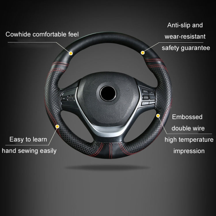 38cm Cowhide Embossed Hand-Stitched Double-Line Steering Wheel Cover(Black Orange Line) - Steering Wheel Accessories by PMC TechLife | Online Shopping South Africa | PMC TechLife | Buy Now Pay Later Mobicred