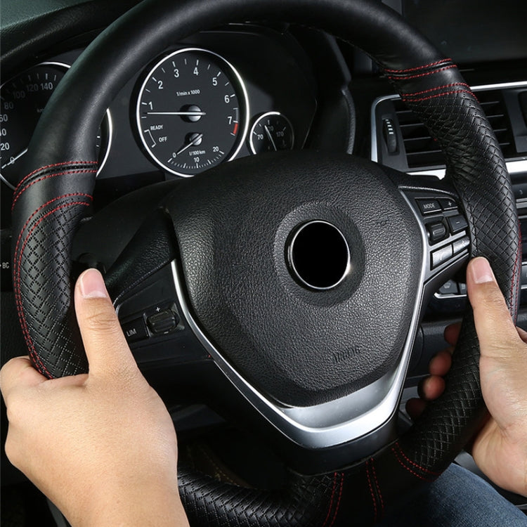 38cm Cowhide Embossed Hand-Stitched Double-Line Steering Wheel Cover(Black Orange Line) - Steering Wheel Accessories by PMC TechLife | Online Shopping South Africa | PMC TechLife | Buy Now Pay Later Mobicred