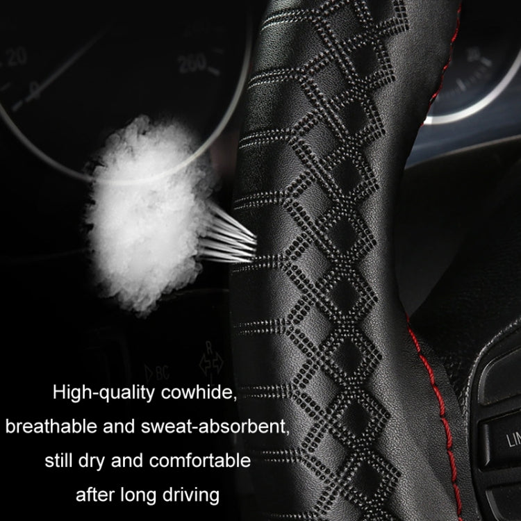 38cm Four-season Embossed Hand-sewn Cowhide Steering Wheel Cover(Black+Black Line) - Steering Wheel Accessories by PMC TechLife | Online Shopping South Africa | PMC TechLife | Buy Now Pay Later Mobicred