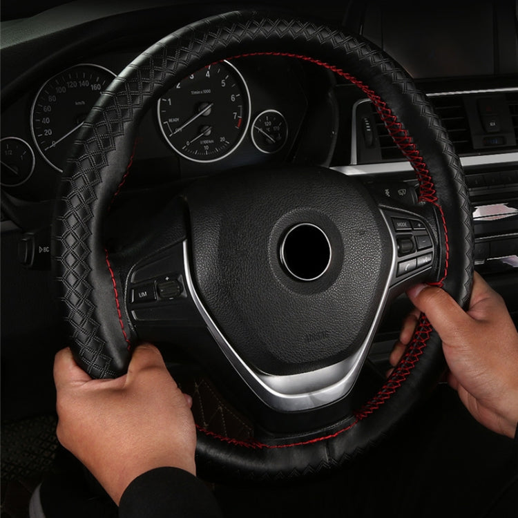38cm Four-season Embossed Hand-sewn Cowhide Steering Wheel Cover(Black+Black Line) - Steering Wheel Accessories by PMC TechLife | Online Shopping South Africa | PMC TechLife | Buy Now Pay Later Mobicred