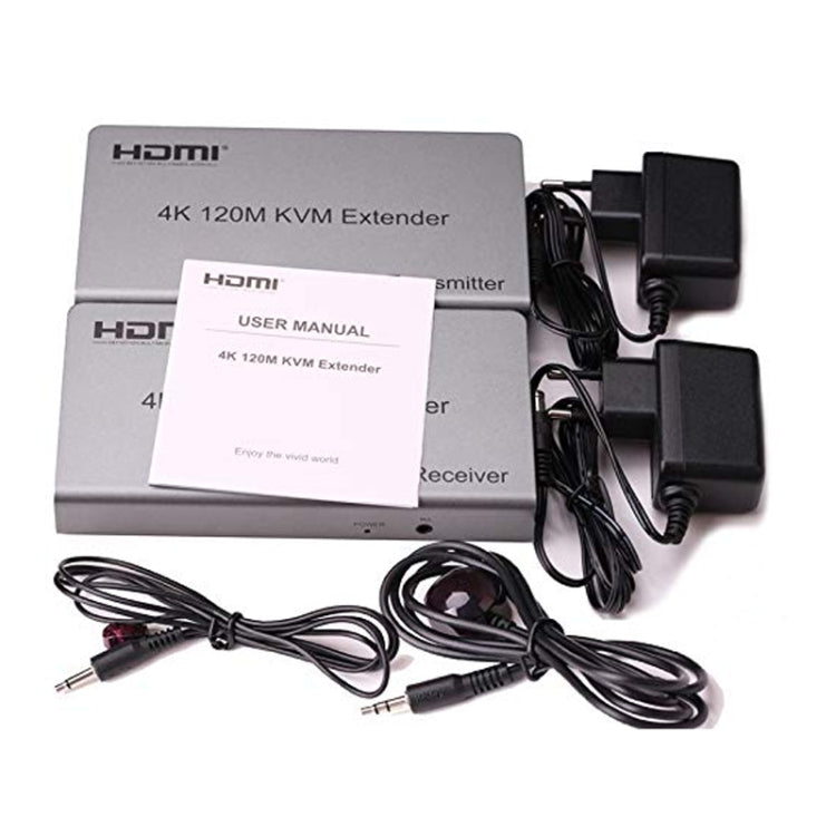 KVM 120m 4K HD Extender Computer Mouse Keyboard HDMI Single Ethernet Cable Transmitter + Receiver US Plug(Gray) - Amplifier by PMC Jewellery | Online Shopping South Africa | PMC Jewellery | Buy Now Pay Later Mobicred