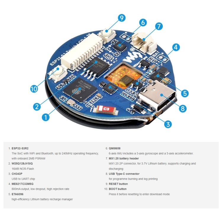 Waveshare 26959 ESP32-S3 1.28inch LCD Development Board, 32-Bit LX7 Dual-Core Processor With Touch - free shipping - PMC TechLife - Order now!