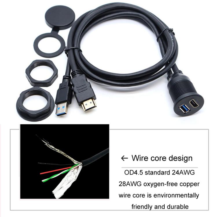 2m USB3.0+HDMI Car Waterproof Cable Motorcycle Boat Dashboard Extension Wire(Black) - DIY Cables by PMc TechLife | Online Shopping South Africa | PMc TechLife | Buy Now Pay Later Mobicred