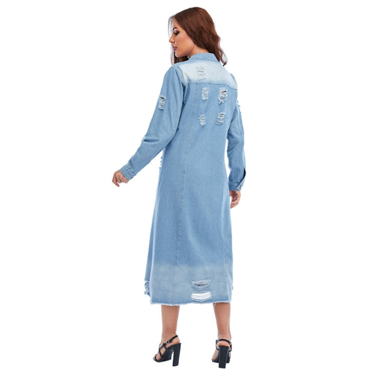 Loose Long Sleeve Ripped Denim Long Top (Color:Blue Size:S) - Jacket & Loose Coat by PMC Jewellery | Online Shopping South Africa | PMC Jewellery