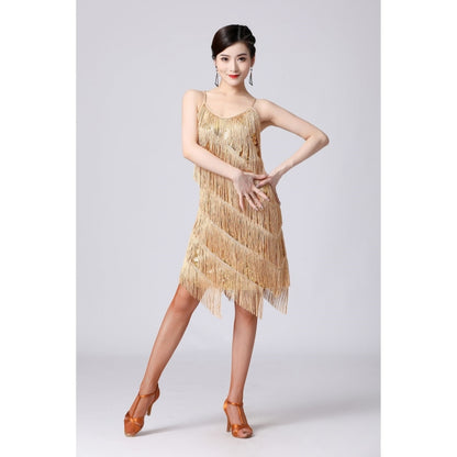 V-neck Suspender Sequined Fringed Latin Dance Dress Competition Performance Suit (Color:Gold Size:S) - Dress by PMC Jewellery | Online Shopping South Africa | PMC Jewellery