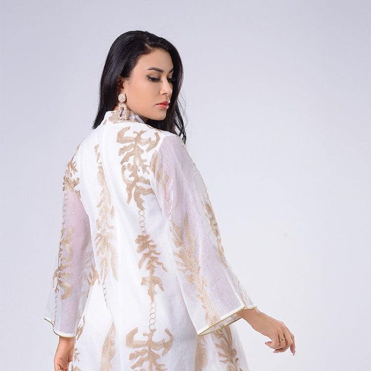 Women Gold Sequin Embroidered Stand Collar Dress (Color:White Size:XXL) - Dress by PMC Jewellery | Online Shopping South Africa | PMC Jewellery