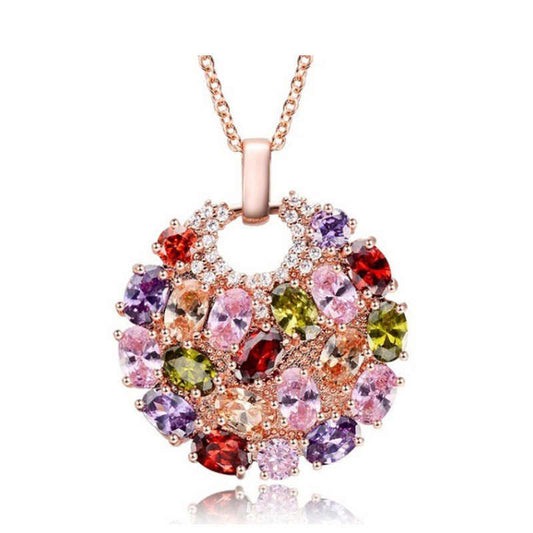 Stunning multicolor cubic zirconia pendant necklace, perfect for adding a touch of elegance to any outfit. Available in a variety of colors.