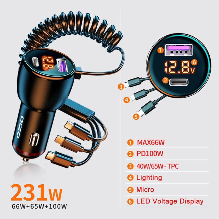 Ozio HX08 231W Type-C + USB Dual Port Car Charger with 3 in 1 Spring Data Cable - free shipping - PMC TechLife - Order now!
