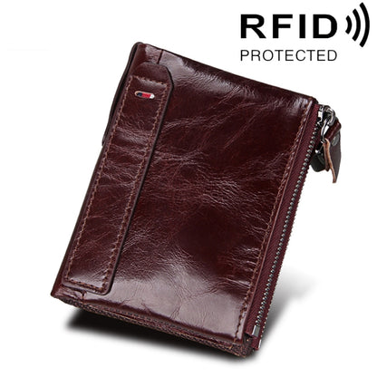 Genuine Cowhide Leather Crazy Horse Texture Dual Zipper Short Style Card Holder Wallet RFID Blocking Card Bag Protect Case for Men, Size: 12.1*9.4*2.7cm - Antimagnetic RFID Package by PMC Jewellery | Online Shopping South Africa | PMC Jewellery | Buy Now Pay Later Mobicred