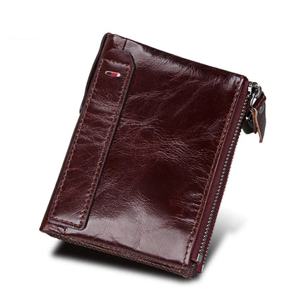 Genuine Cowhide Leather Crazy Horse Texture Dual Zipper Short Style Card Holder Wallet RFID Blocking Card Bag Protect Case for Men, Size: 12.1*9.4*2.7cm - Antimagnetic RFID Package by PMC Jewellery | Online Shopping South Africa | PMC Jewellery | Buy Now Pay Later Mobicred