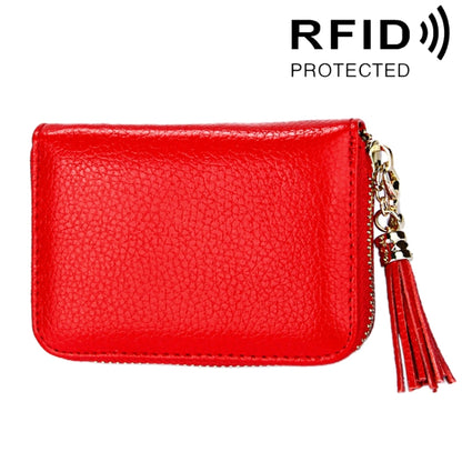 Genuine Cowhide Leather Solid Color Zipper Card Holder Wallet RFID Blocking Card Bag Protect Case Coin Purse with Tassel Pendant & 15 Card Slots for Women, Size: 11.1*7.6*3.5cm(Red) - Antimagnetic RFID Package by PMC Jewellery | Online Shopping South Africa | PMC Jewellery | Buy Now Pay Later Mobicred