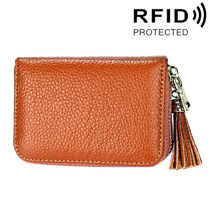 Genuine Cowhide Leather Solid Color Zipper Card Holder Wallet RFID Blocking Card Bag Protect Case Coin Purse with Tassel Pendant & 15 Card Slots for Women, Size: 11.1*7.6*3.5cm(Brown) - Antimagnetic RFID Package by PMC Jewellery | Online Shopping South Africa | PMC Jewellery | Buy Now Pay Later Mobicred