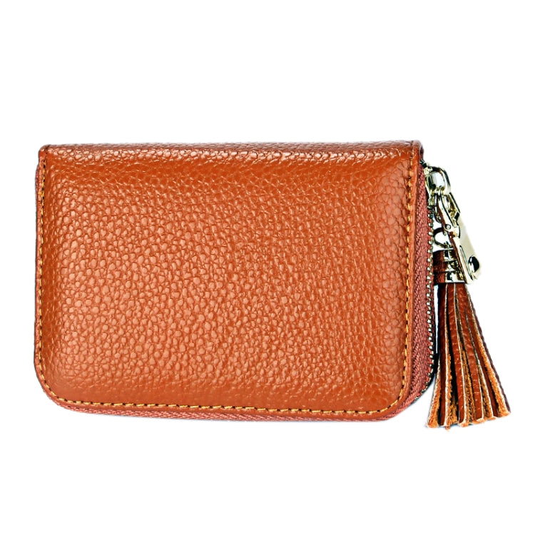 Genuine Cowhide Leather Solid Color Zipper Card Holder Wallet RFID Blocking Card Bag Protect Case Coin Purse with Tassel Pendant & 15 Card Slots for Women, Size: 11.1*7.6*3.5cm(Brown) - Antimagnetic RFID Package by PMC Jewellery | Online Shopping South Africa | PMC Jewellery | Buy Now Pay Later Mobicred