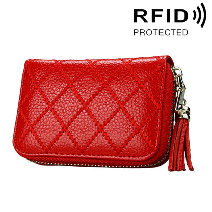 Genuine Cowhide Leather Grid Texture Zipper Card Holder Wallet RFID Blocking Card Bag Protect Case Coin Purse with Tassel Pendant & 15 Card Slots for Women, Size: 11.1*7.9*3.5cm(Red) - Antimagnetic RFID Package by PMC Jewellery | Online Shopping South Africa | PMC Jewellery | Buy Now Pay Later Mobicred