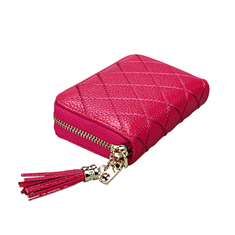 Genuine Cowhide Leather Grid Texture Zipper Card Holder Wallet RFID Blocking Card Bag Protect Case Coin Purse with Tassel Pendant & 15 Card Slots for Women, Size: 11.1*7.9*3.5cm(Red) - Antimagnetic RFID Package by PMC Jewellery | Online Shopping South Africa | PMC Jewellery | Buy Now Pay Later Mobicred