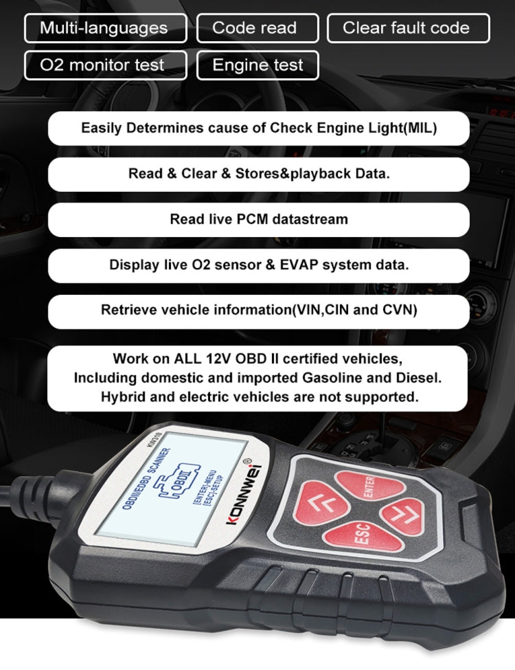 KONNWEI KW310 OBD Car Fault Detector Code Reader ELM327 OBD2 Scanner Diagnostic Tool(Black) - Code Readers & Scan Tools by KONNWEI | Online Shopping South Africa | PMC Jewellery