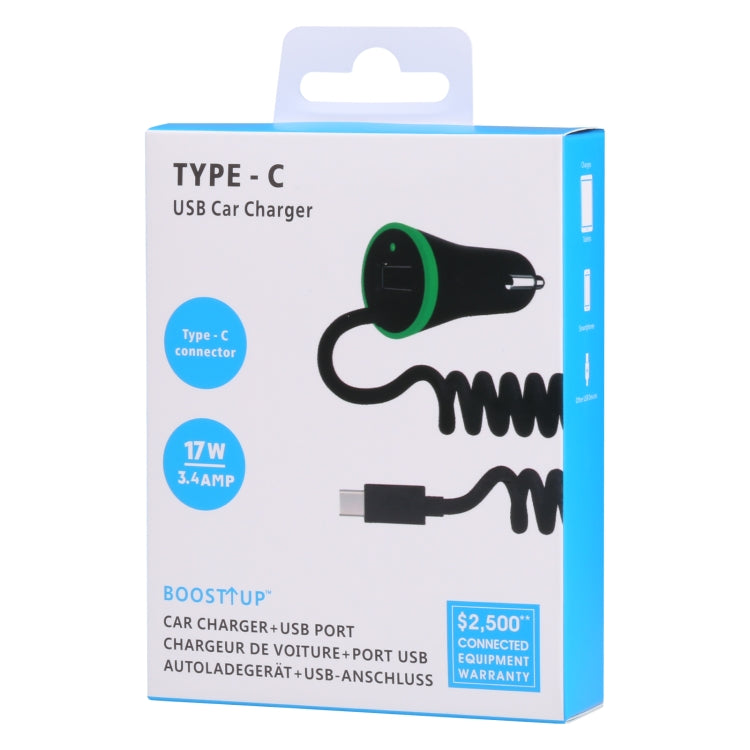 17W 3.4A Mini USB Car Charger with USB-C / Type-C Spring Cable - Car Charger by PMC TechLife | Online Shopping South Africa | PMC TechLife
