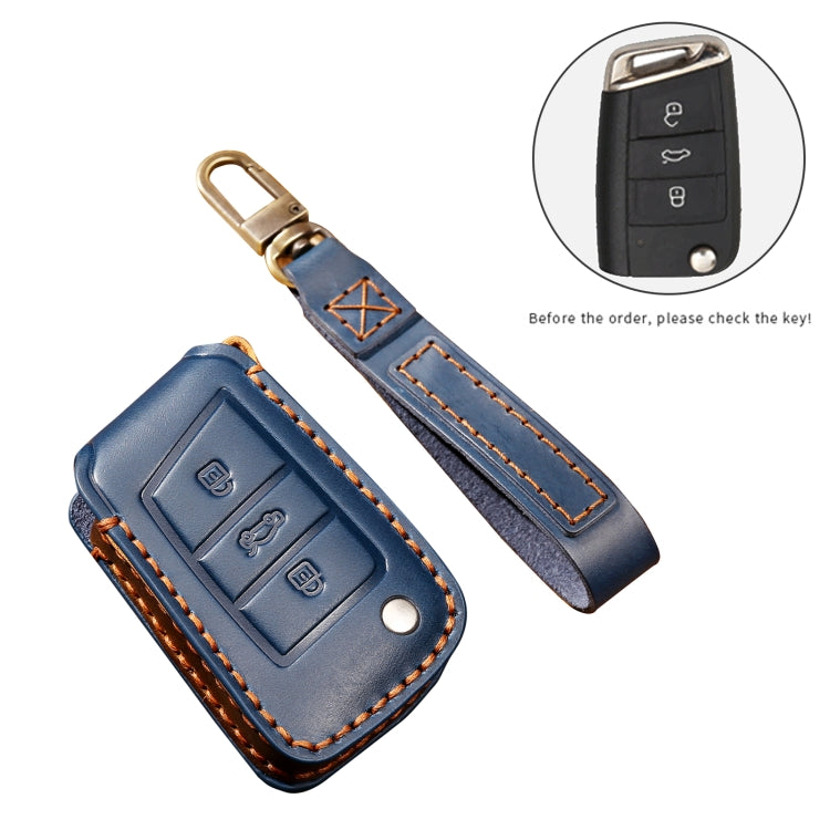 Hallmo Car Cowhide Leather Key Protective Cover Key Case for Volkswagen Lavida B Style(Blue) - Car Key Cases by Hallmo | Online Shopping South Africa | PMC TechLife | Buy Now Pay Later Mobicred