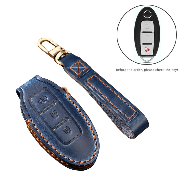 Hallmo Car Cowhide Leather Key Protective Cover Key Case for Nissan Sylphy 3-button Horn(Blue) - Car Key Cases by Hallmo | Online Shopping South Africa | PMC TechLife | Buy Now Pay Later Mobicred