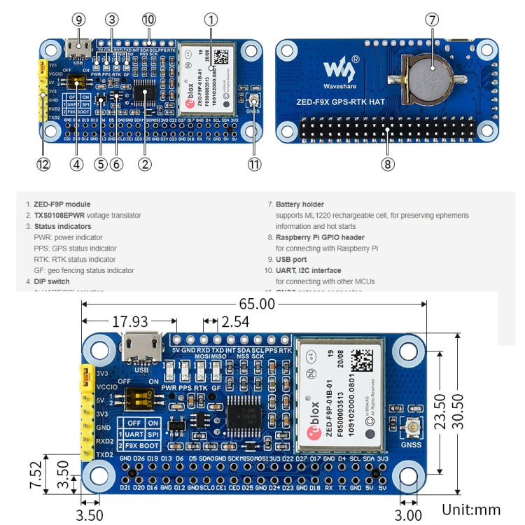 Waveshare ZED-F9P GPS-RTK HAT Centimeter Level Accuracy Multi-Band RTK Differential GPS Module for Raspberry Pi - Modules Expansions Accessories by WAVESHARE | Online Shopping South Africa | PMC Jewellery | Buy Now Pay Later Mobicred