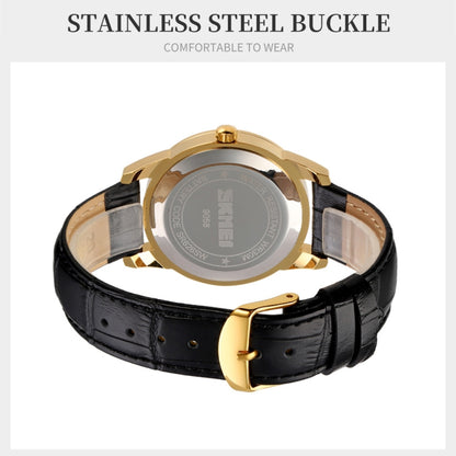 SKMEI 9058 Multifunctional Outdoor Fashion Waterproof Gold Shell Quartz Wrist Watch(Women Style Silver Face Brown Strap) - Leather Strap Watches by SKMEI | Online Shopping South Africa | PMC Jewellery | Buy Now Pay Later Mobicred