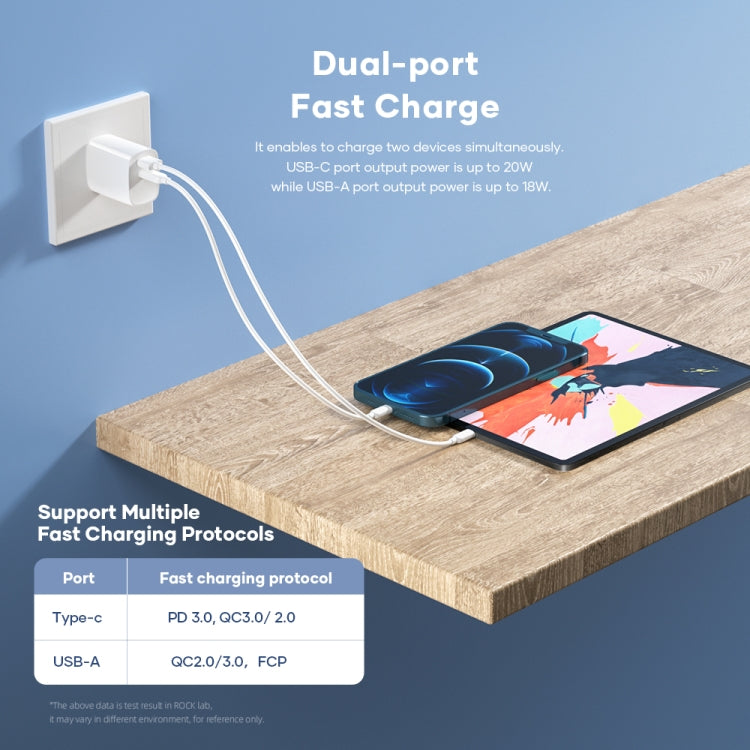 ROCK T42 PD 20W Dual Ports Travel Charger Power Adapter, CN Plug(White) - USB Charger by ROCK | Online Shopping South Africa | PMC Jewellery