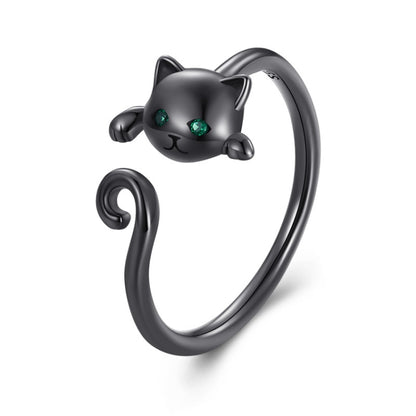 S925 Sterling Silver Cute Cat Women Open Ring (Black) - Rings by PMC Jewellery | Online Shopping South Africa | PMC Jewellery