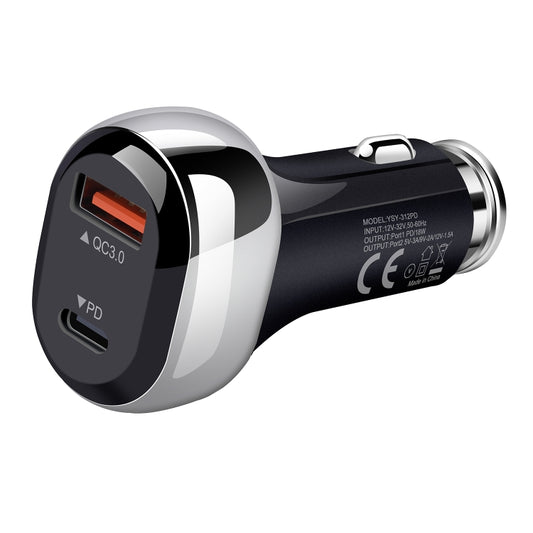 YSY-312PD QC3.0 USB + PD 18W USB-C / Type-C Dual Ports Fast Charging Car Charger(Black) - Car Charger by PMC Jewellery | Online Shopping South Africa | PMC Jewellery