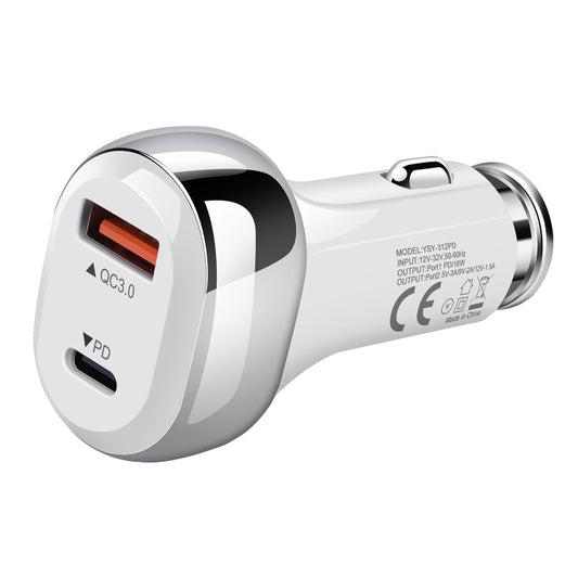 YSY-312PD QC3.0 USB + PD 18W USB-C / Type-C Dual Ports Fast Charging Car Charger(White) - Car Charger by PMC Jewellery | Online Shopping South Africa | PMC Jewellery