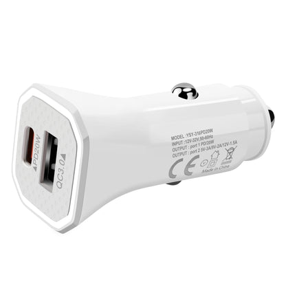 YSY-316PD20W QC3.0 USB + PD 20W USB-C / Type-C Polygon Dual Ports Fast Charging Car Charger(White) - Car Charger by PMC Jewellery | Online Shopping South Africa | PMC Jewellery