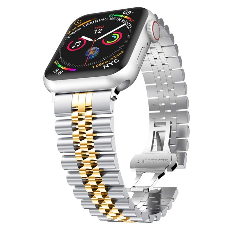 Man Five Beads Stainless Steel Watch Band, Width: 22mm For Apple Watch Series 9&8&7 41mm / SE 3&SE 2&6&SE&5&4 40mm / 3&2&1 38mm(Silver + Gold) - Watch Bands by PMC Jewellery | Online Shopping South Africa | PMC Jewellery | Buy Now Pay Later Mobicred