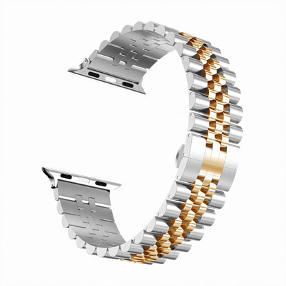 Man Five Beads Stainless Steel Watch Band, Width: 22mm For Apple Watch Series 9&8&7 41mm / SE 3&SE 2&6&SE&5&4 40mm / 3&2&1 38mm(Silver + Gold) - Watch Bands by PMC Jewellery | Online Shopping South Africa | PMC Jewellery | Buy Now Pay Later Mobicred