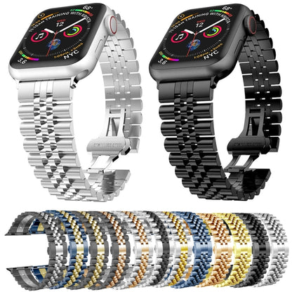 Man Five Beads Stainless Steel Watch Band, Width: 22mm For Apple Watch Series 9&8&7 41mm / SE 3&SE 2&6&SE&5&4 40mm / 3&2&1 38mm(Silver + Gold) - Watch Bands by PMC Jewellery | Online Shopping South Africa | PMC Jewellery | Buy Now Pay Later Mobicred