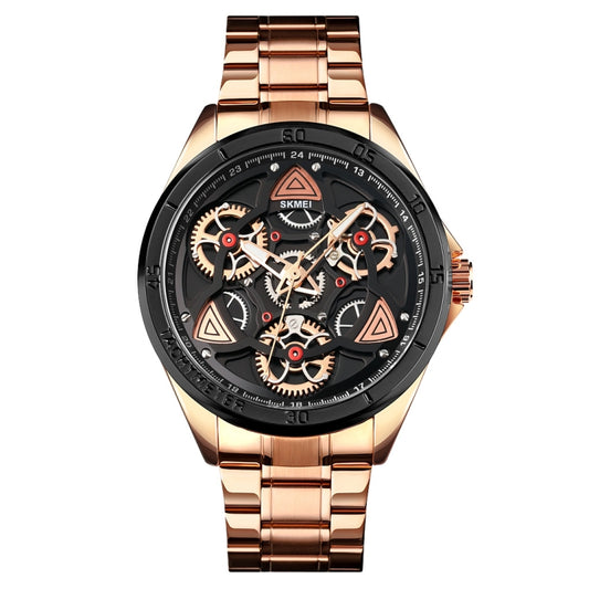 SKMEI 1678 Men Waterproof Quartz Watch with Rotatable Gear Dial(Rose Gold Shell Black Surface) - Metal Strap Watches by SKMEI | Online Shopping South Africa | PMC Jewellery | Buy Now Pay Later Mobicred