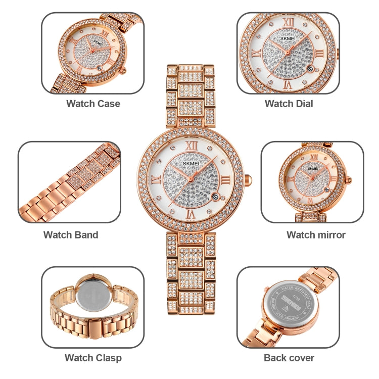 SKMEI 1739 Diamond Roman Numerals Round Dial Quartz Watch for Ladies(Rose Gold) - Bracelet Watches by SKMEI | Online Shopping South Africa | PMC Jewellery | Buy Now Pay Later Mobicred