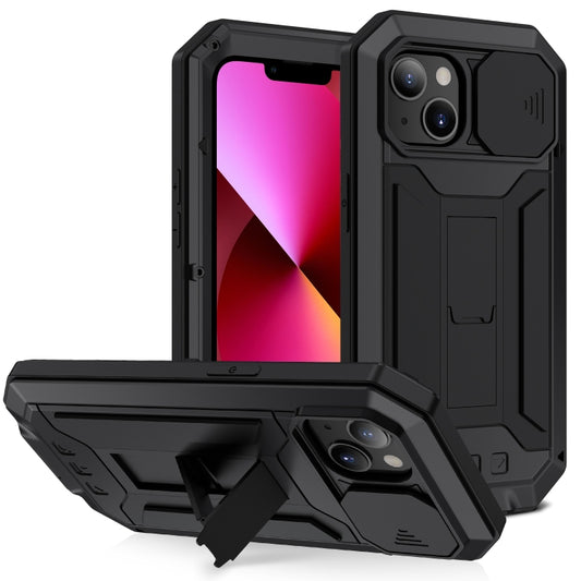 For iPhone 13 R-JUST Sliding Camera Shockproof Life Waterproof Dust-proof Metal + Silicone Protective Case with Holder(Black) - iPhone 13 Cases by R-JUST | Online Shopping South Africa | PMC Jewellery