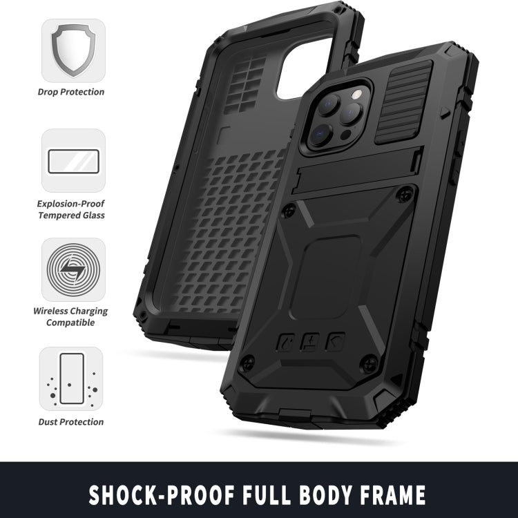 For iPhone 13 R-JUST Shockproof Waterproof Dust-proof Metal + Silicone Protective Case with Holder(Black) - iPhone 13 Cases by R-JUST | Online Shopping South Africa | PMC TechLife | Buy Now Pay Later Mobicred