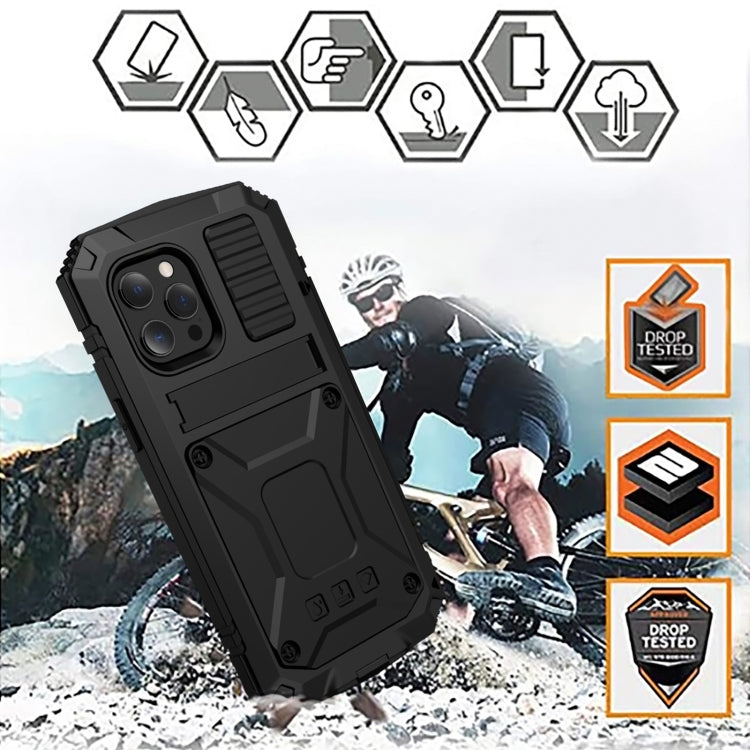 For iPhone 13 R-JUST Shockproof Waterproof Dust-proof Metal + Silicone Protective Case with Holder(Black) - iPhone 13 Cases by R-JUST | Online Shopping South Africa | PMC TechLife | Buy Now Pay Later Mobicred