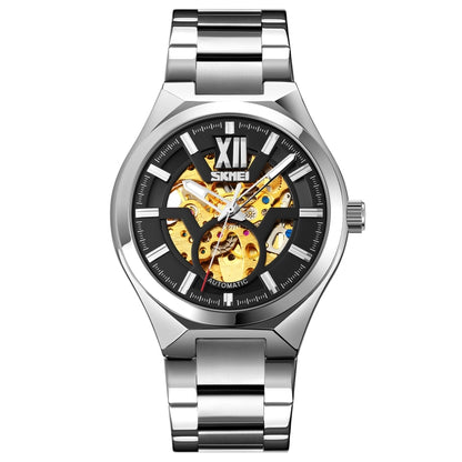 SKMEI 9258 Men Two-color Stainless Steel Strap Automatic Mechanical Watch(Silver Shell Black Surface) - Metal Strap Watches by SKMEI | Online Shopping South Africa | PMC Jewellery | Buy Now Pay Later Mobicred