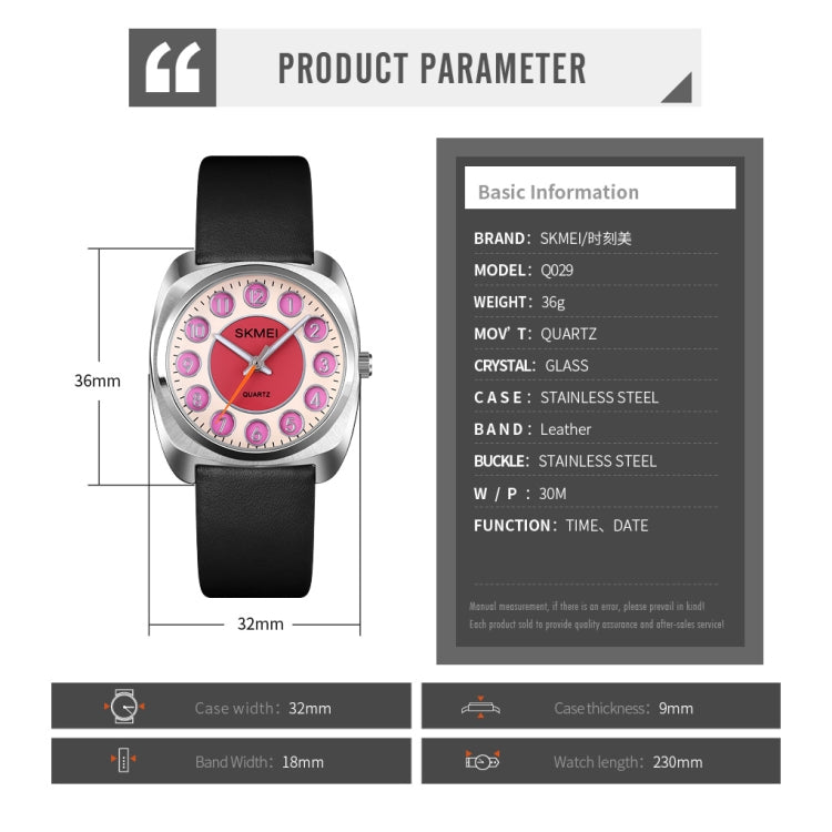 SKMEI Q029 Ladies Phone Number Pattern Dial Leather Strap Quartz Watch(Purple) - Leather Strap Watches by SKMEI | Online Shopping South Africa | PMC Jewellery | Buy Now Pay Later Mobicred