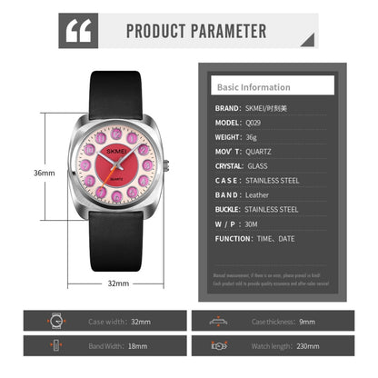 SKMEI Q029 Ladies Phone Number Pattern Dial Leather Strap Quartz Watch(Purple) - Leather Strap Watches by SKMEI | Online Shopping South Africa | PMC Jewellery | Buy Now Pay Later Mobicred