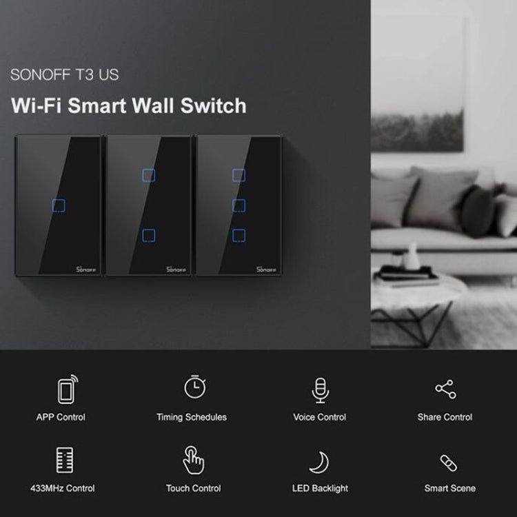 Sonoff T3 US-TX 433 RF WIFI Smart Remote Control Wall Touch Switch, US Plug, Style:Three Buttons - Smart Switch by Sonoff | Online Shopping South Africa | PMC Jewellery | Buy Now Pay Later Mobicred