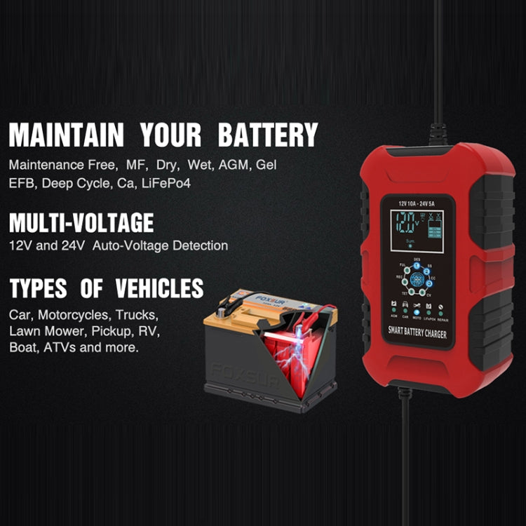 FOXSUR 10A 12V 7-segment Motorcycle / Car Smart Battery Charger, Plug Type:US Plug(Red) - free shipping - PMC TechLife - Order now!