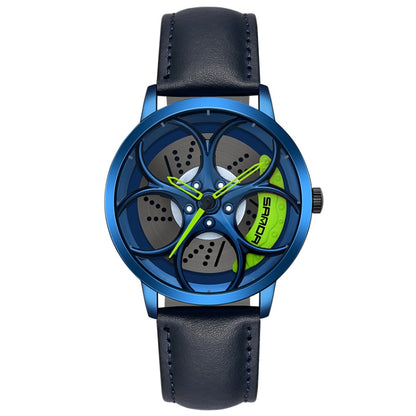 SANDA 1070 3D Oval Hollow Out Wheel Non-rotatable Dial Quartz Watch for Men, Style:Leather Belt(Blue Green) - Leather Strap Watches by SANDA | Online Shopping South Africa | PMC Jewellery | Buy Now Pay Later Mobicred