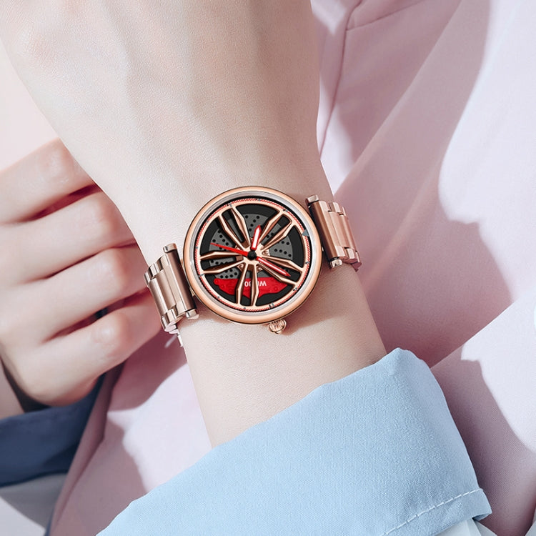 SANDA 1074 3D Hollow Out Wheel Non-rotatable Dial Quartz Watch for Women, Style:Steel Belt(Silver Red) - Metal Strap Watches by SANDA | Online Shopping South Africa | PMC Jewellery | Buy Now Pay Later Mobicred