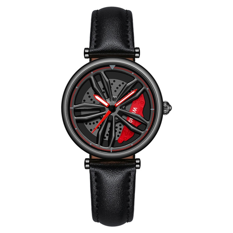 SANDA 1074 3D Hollow Out Wheel Non-rotatable Dial Quartz Watch for Women, Style:Leather Belt(Black Red) - Leather Strap Watches by SANDA | Online Shopping South Africa | PMC Jewellery | Buy Now Pay Later Mobicred